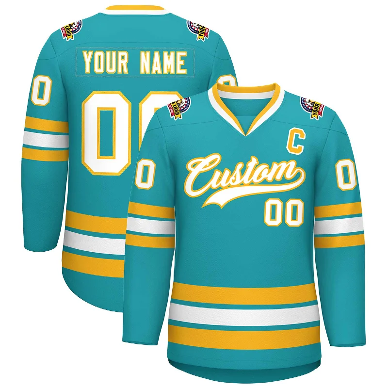 Custom Aqua White-Gold Classic Style Hockey Jersey Traditional Men's Wool