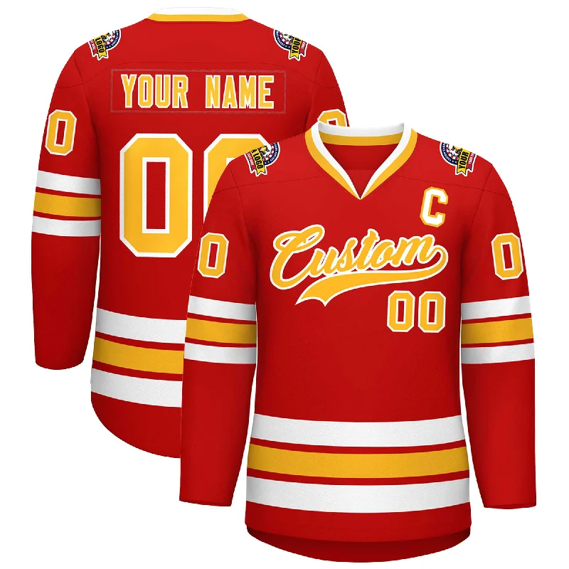 Custom Red Gold-White Classic Style Hockey Jersey Monochromatic All