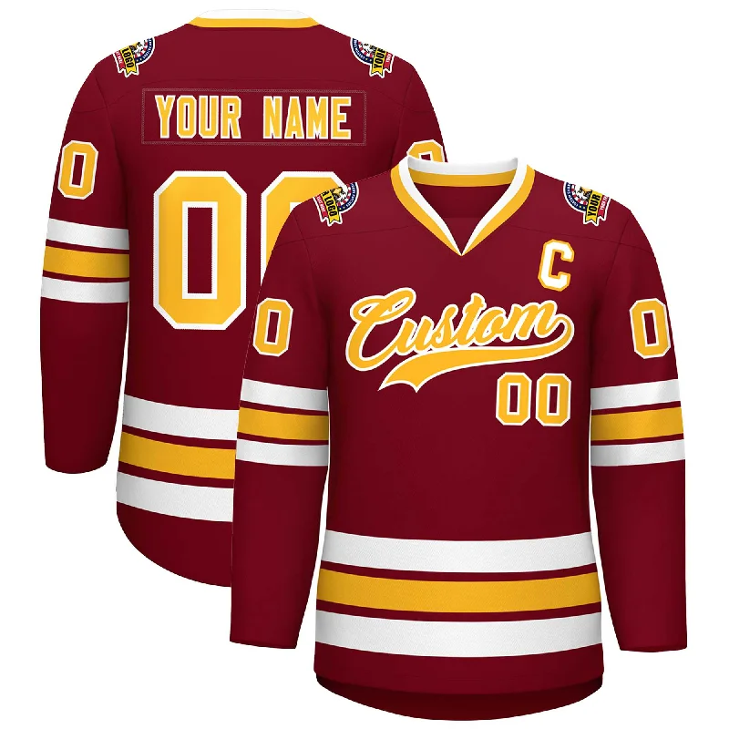 Custom Crimson Gold-White Classic Style Hockey Jersey Elegant Men's Cashmere