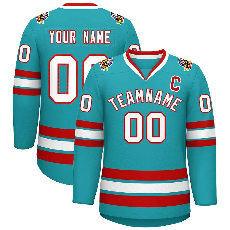 Custom Aqua White-Red Classic Style Hockey Jersey Beach