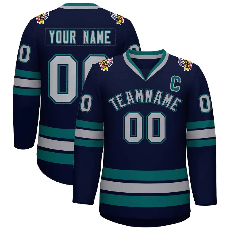 Custom Navy Gray Navy-Aqua Classic Style Hockey Jersey Monochromatic All