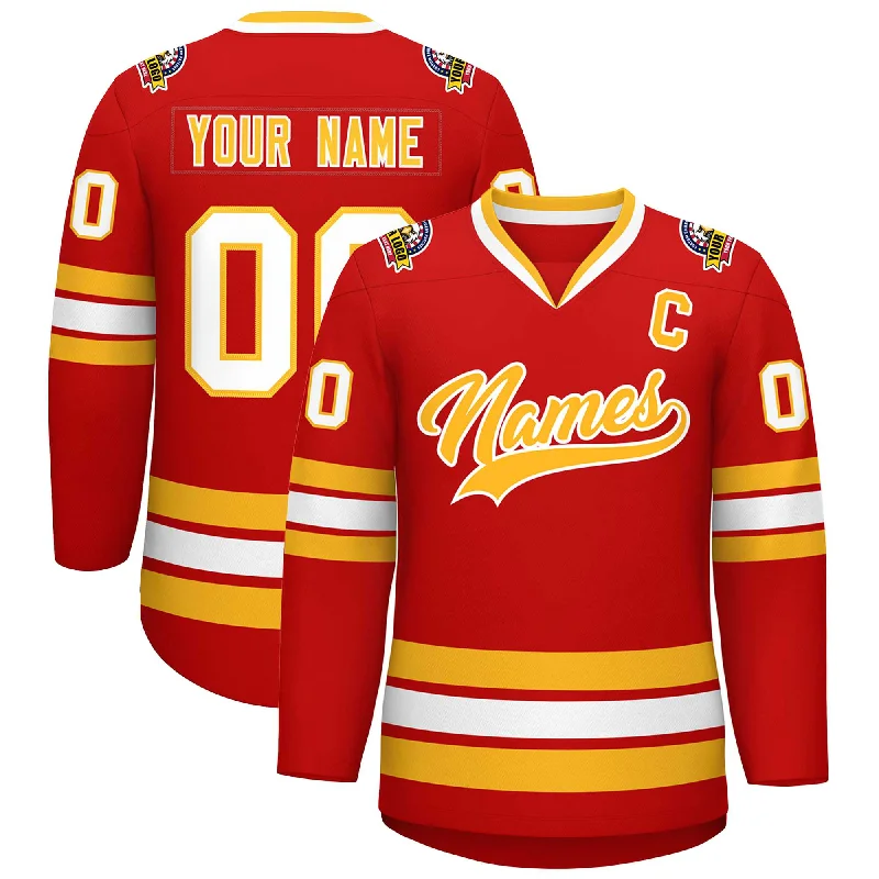 Custom Red Gold-White Classic Style Hockey Jersey Unique Men's Patch