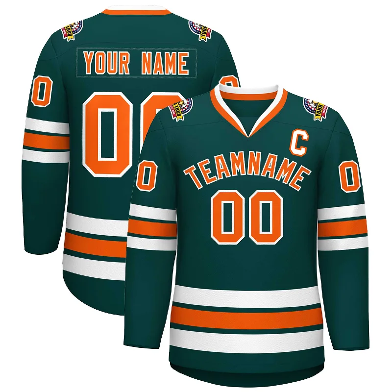 Custom Midnight Green Orange-White Classic Style Hockey Jersey Artistic Men's Hand