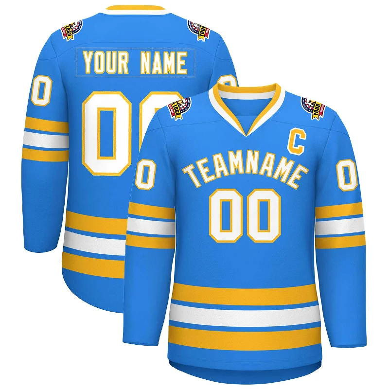 Custom Powder Blue White-Gold Classic Style Hockey Jersey Hip Men's Urban