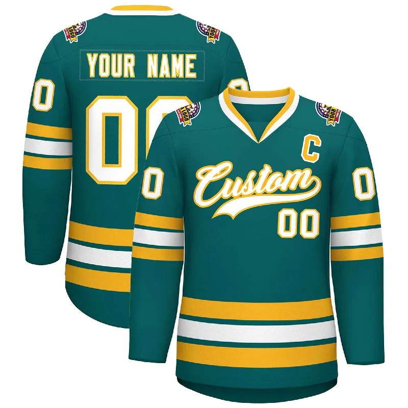 Custom Aqua White-Gold Classic Style Hockey Jersey Refined Men's Hand