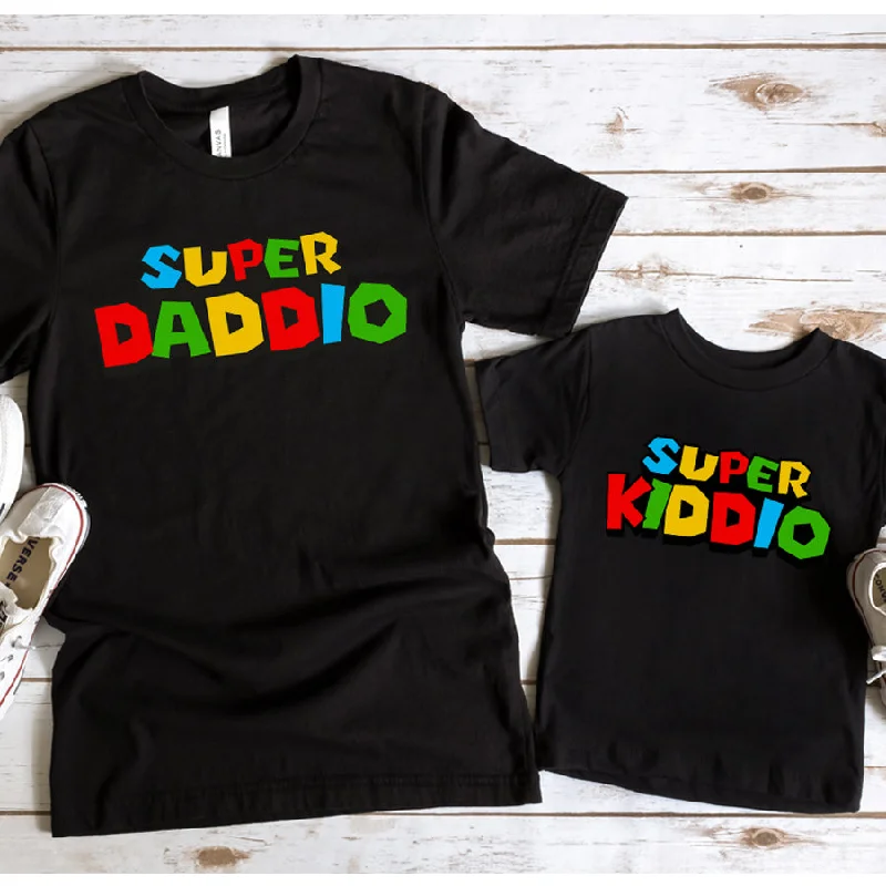 Power Up- Daddio & Kiddio Cool Mario Matching T-Shirts- Black Casual Men's Short