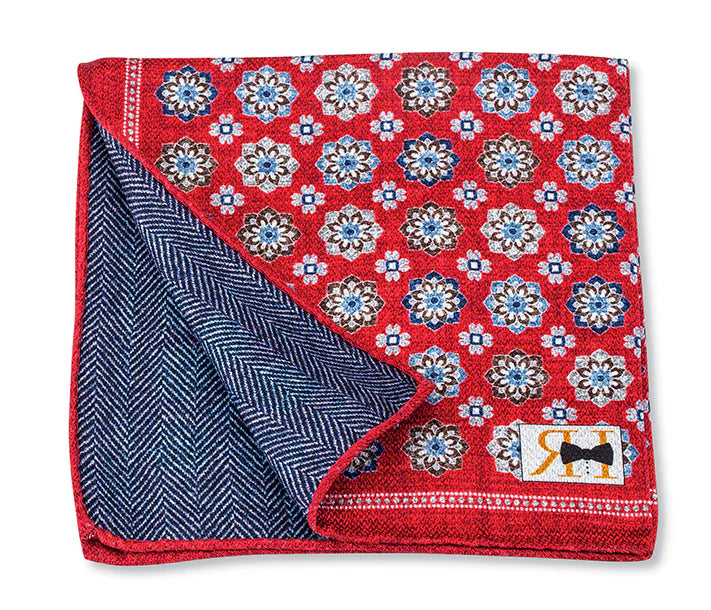 R. Hanauer Pocket Square - Red Medallion & Herringbone Stylish Men's Tropical 