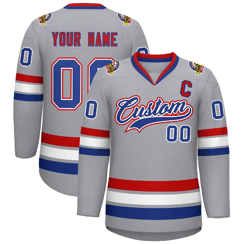 Custom Gray Royal White-Red Classic Style Hockey Jersey Unique Men's Upcycled