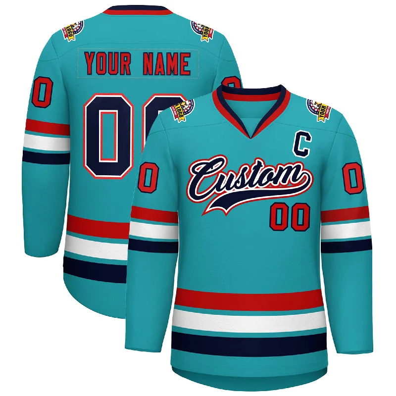 Custom Aqua Navy White-Red Classic Style Hockey Jersey Youthful Men's Anime