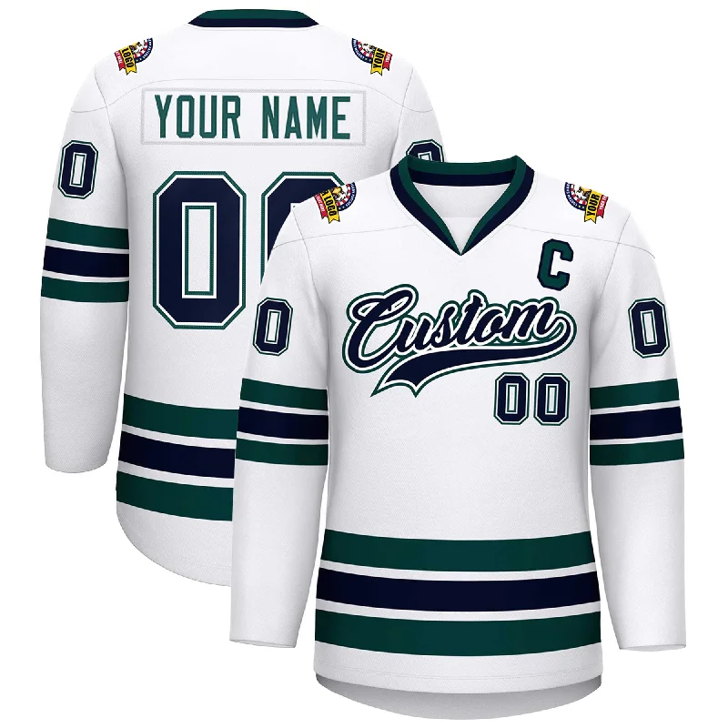 Custom White Navy White-Midnight Green Classic Style Hockey Jersey Sleek Men's Contemporary 