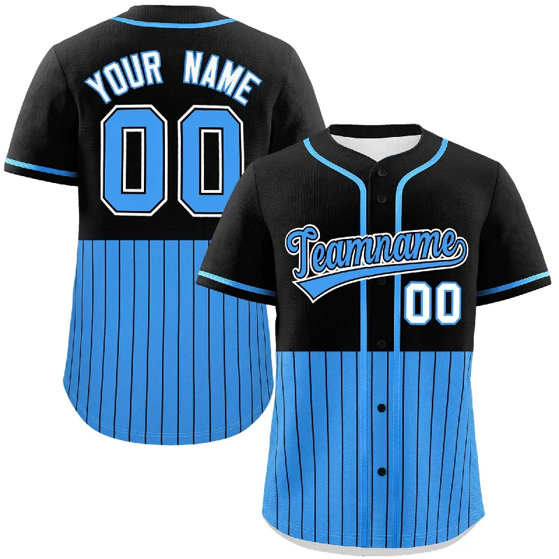 Custom Black Powder Blue Personalized Half Stripe Design Authentic Baseball Jersey Vacation