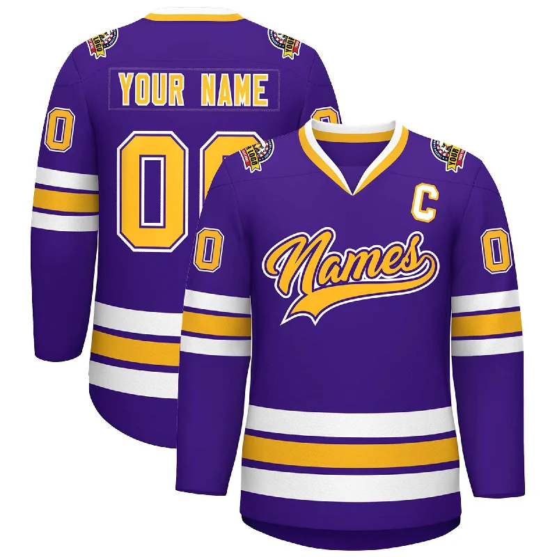 Custom Purple Gold Purple-White Classic Style Hockey Jersey Elegant Men's Cashmere