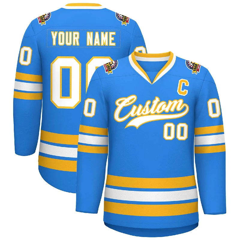 Custom Powder Blue White-Gold Classic Style Hockey Jersey Confident Men's High