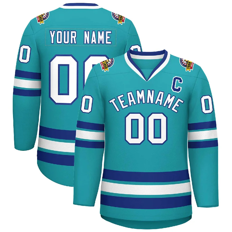 Custom Aqua White-Royal Classic Style Hockey Jersey Refined Men's European