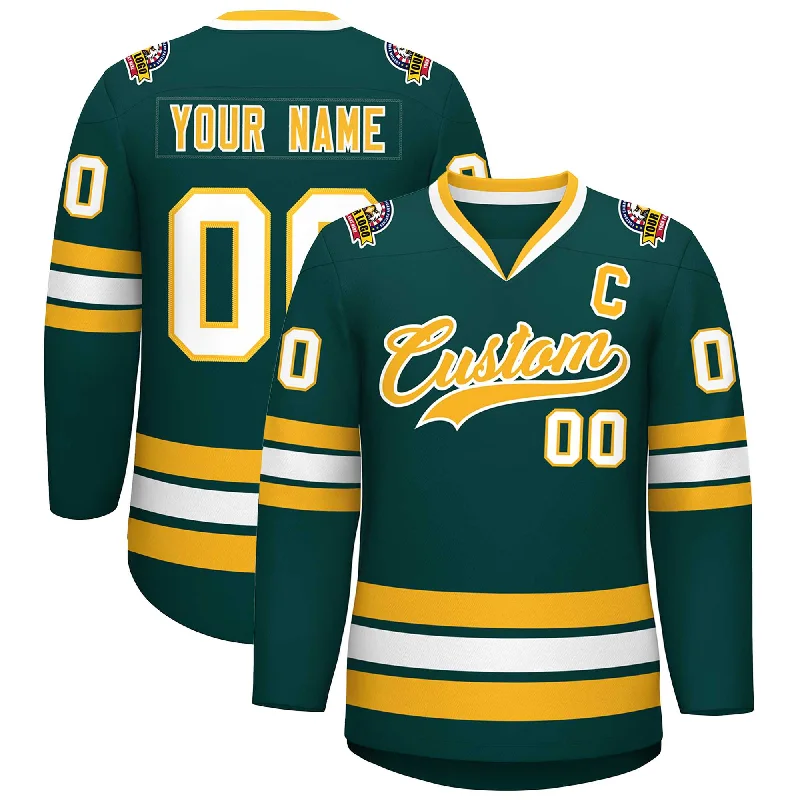 Custom Midnight Green Gold-White Classic Style Hockey Jersey Elegant Men's Cashmere