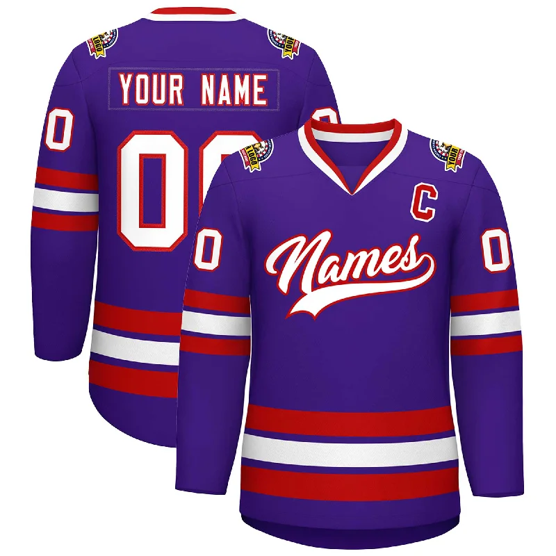 Custom Purple White-Red Classic Style Hockey Jersey Earthy Men's Sustainable 