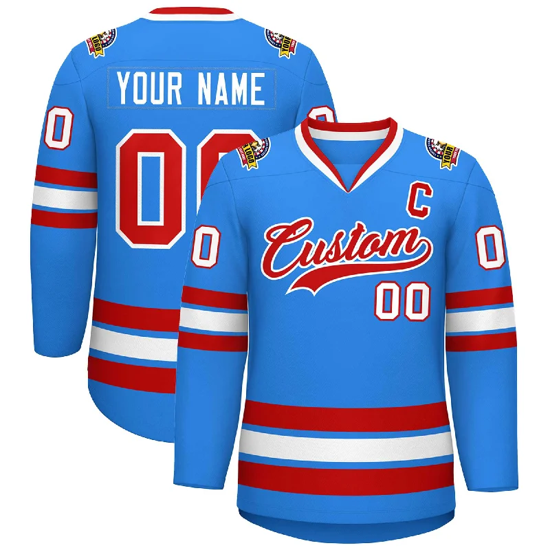 Custom Powder Blue Red-White Classic Style Hockey Jersey Earthy Men's Hemp