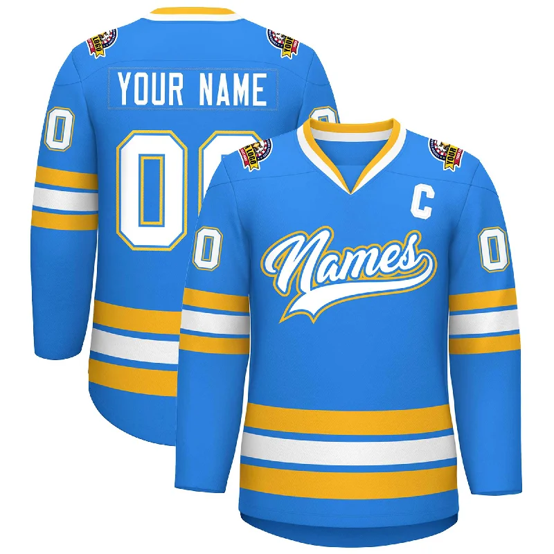 Custom Powder Blue White Powder Blue-Gold Classic Style Hockey Jersey Edgy Men's Punk