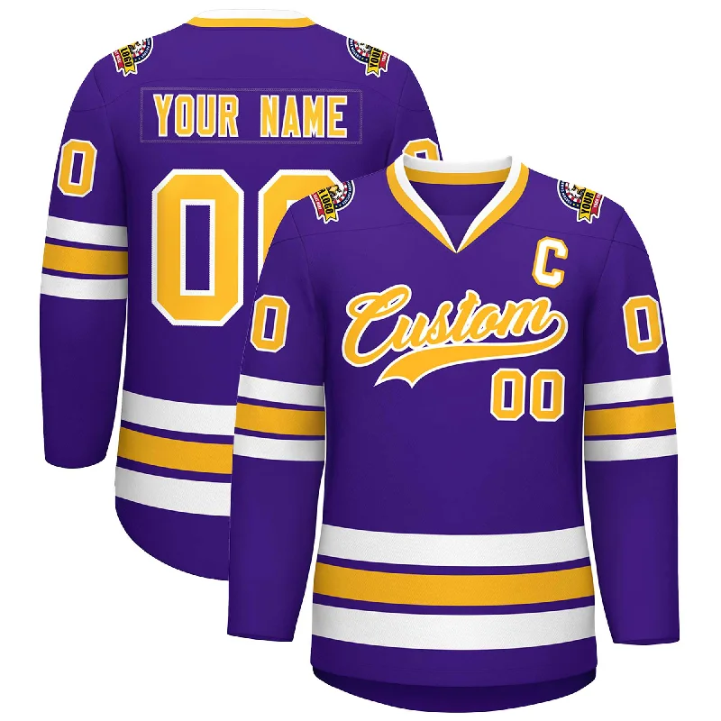 Custom Purple Gold-White Classic Style Hockey Jersey Dynamic Men's Moto