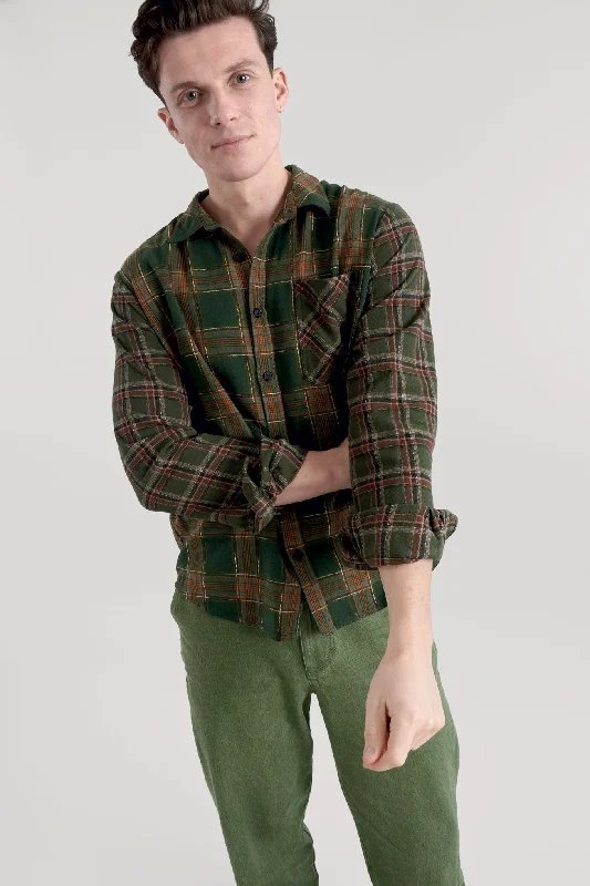 AXEL Flannel Patchwork Check Shirt - Green Laid