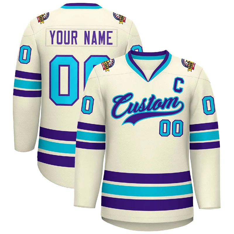 Custom Khaki Purple-Light Blue Classic Style Hockey Jersey Athletic Men's High