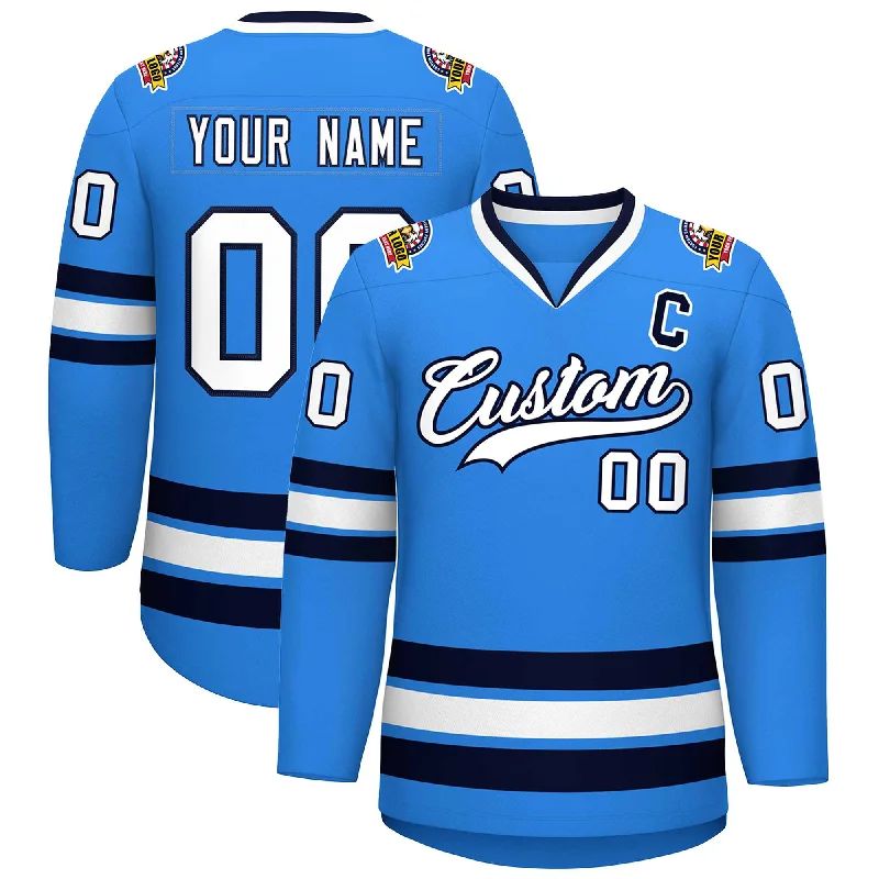 Custom Powder Blue White-Navy Classic Style Hockey Jersey Refined Men's Velvet