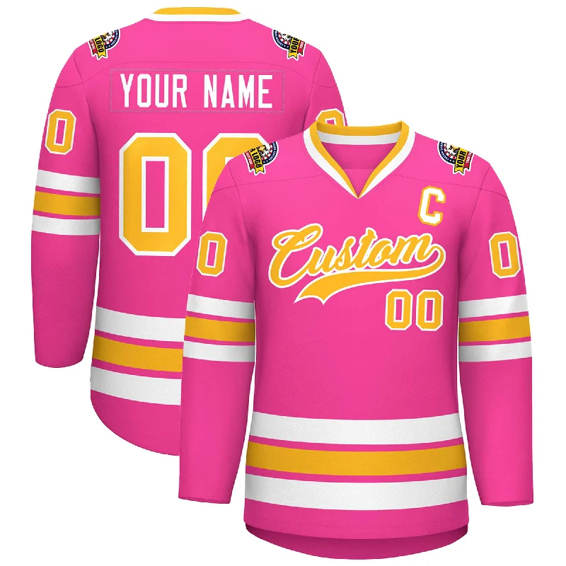 Custom Pink Gold-White Classic Style Hockey Jersey Cozy Men's Sherpa