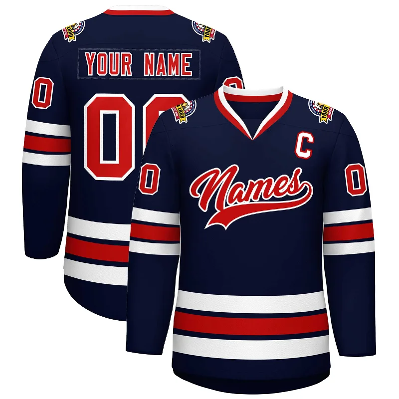 Custom Navy Red-White Classic Style Hockey Jersey Earthy Men's Hemp