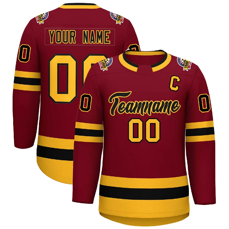 Custom Crimson Black-Gold Classic Style Hockey Jersey Youthful Men's Pop