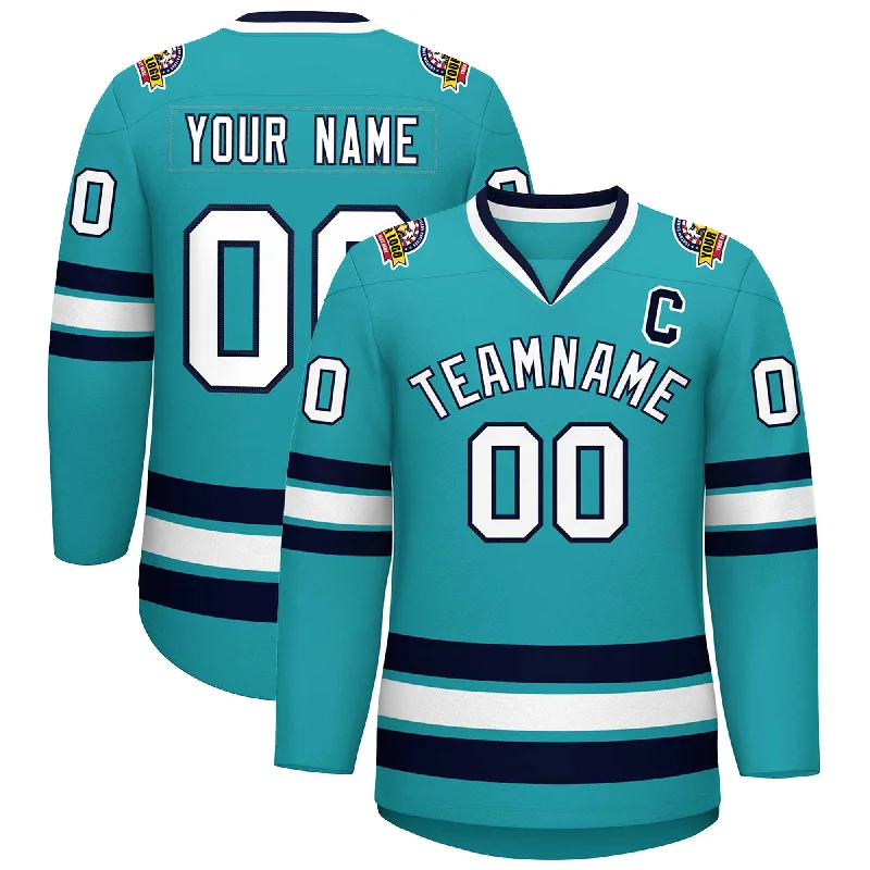 Custom Aqua White-Navy Classic Style Hockey Jersey Modern Men's 