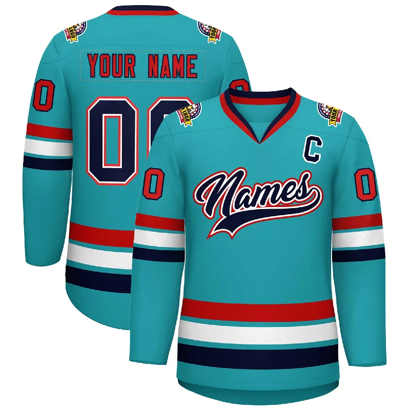 Custom Aqua Navy White-Red Classic Style Hockey Jersey Dynamic Men's Glow