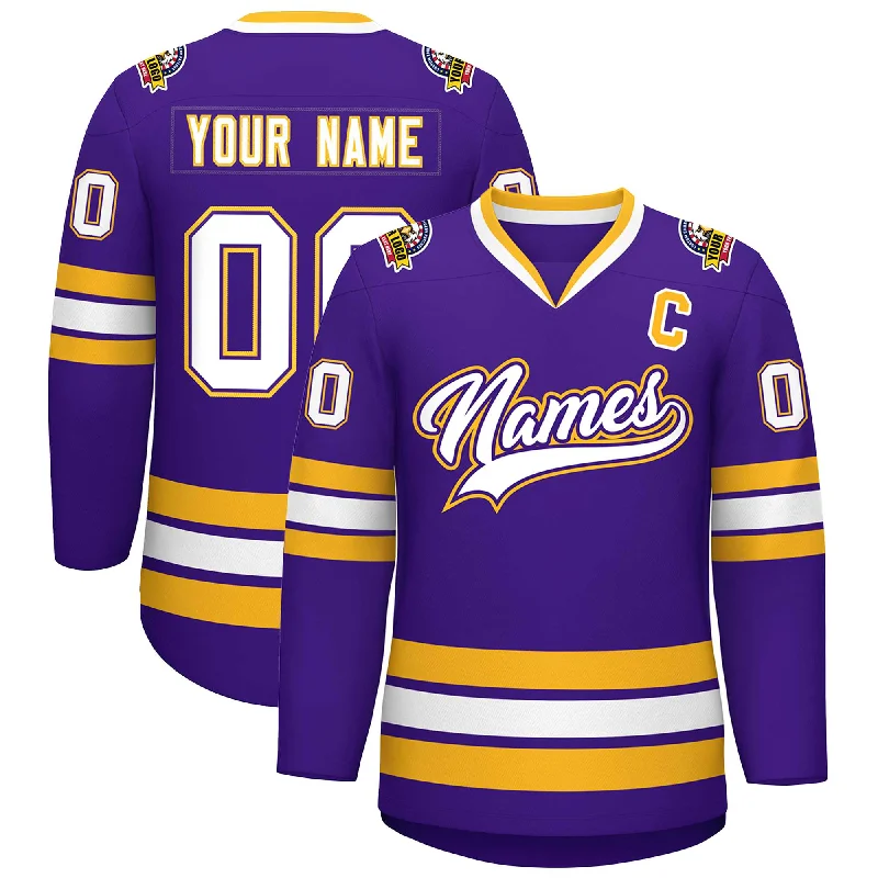 Custom Purple White Purple-Gold Classic Style Hockey Jersey Tough Men's Military