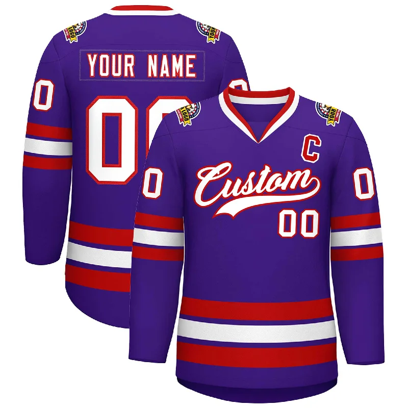 Custom Purple White-Red Classic Style Hockey Jersey Practical Men's Multi