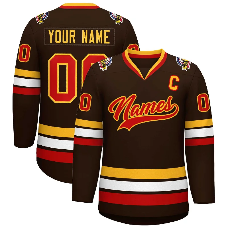 Custom Brown Red-Gold Classic Style Hockey Jersey Masculine Men's 