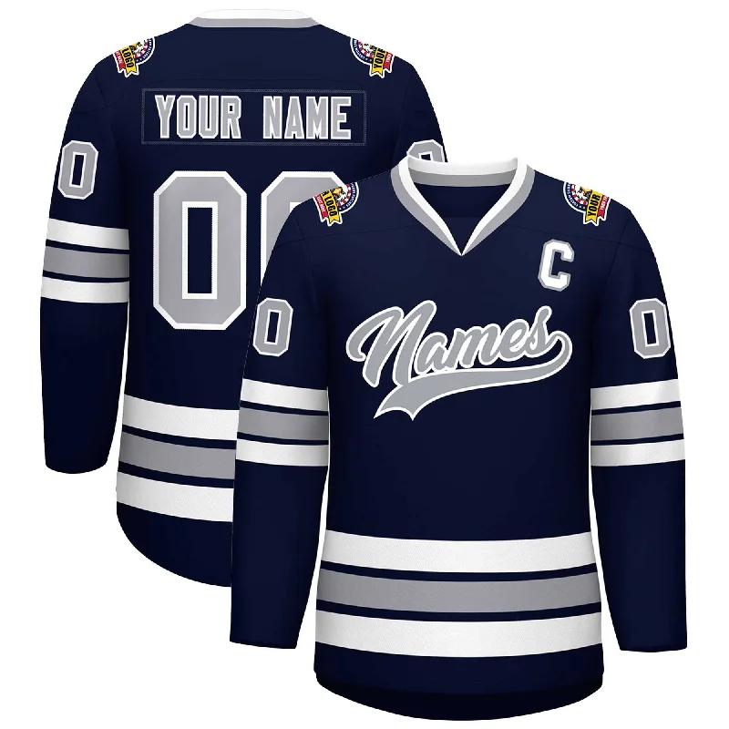 Custom Navy Gray-White Classic Style Hockey Jersey Dapper Men's Bow