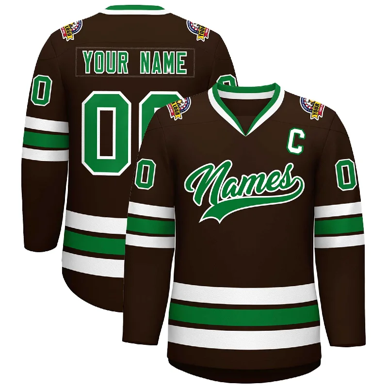 Custom Brown Kelly Green-White Classic Style Hockey Jersey Sophisticated Men's French