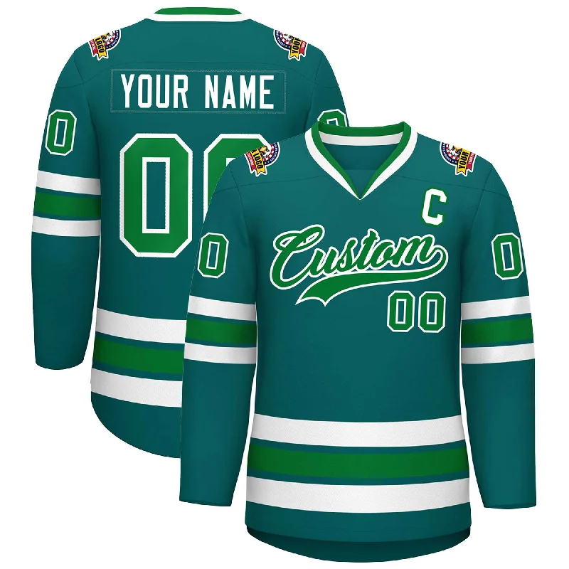 Custom Aqua Kelly Green-White Classic Style Hockey Jersey Refined Men's European