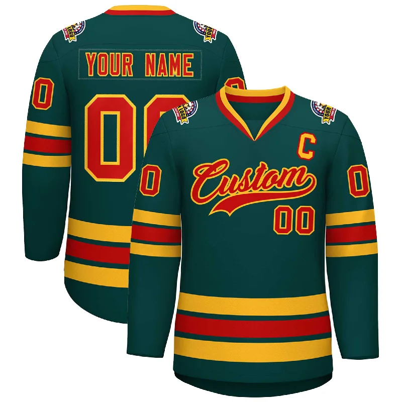 Custom Midnight Green Red-Gold Classic Style Hockey Jersey Sporty Men's Athleisure 