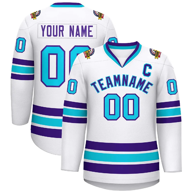 Custom White Purple-Powder Blue Classic Style Hockey Jersey Hip Men's Retro