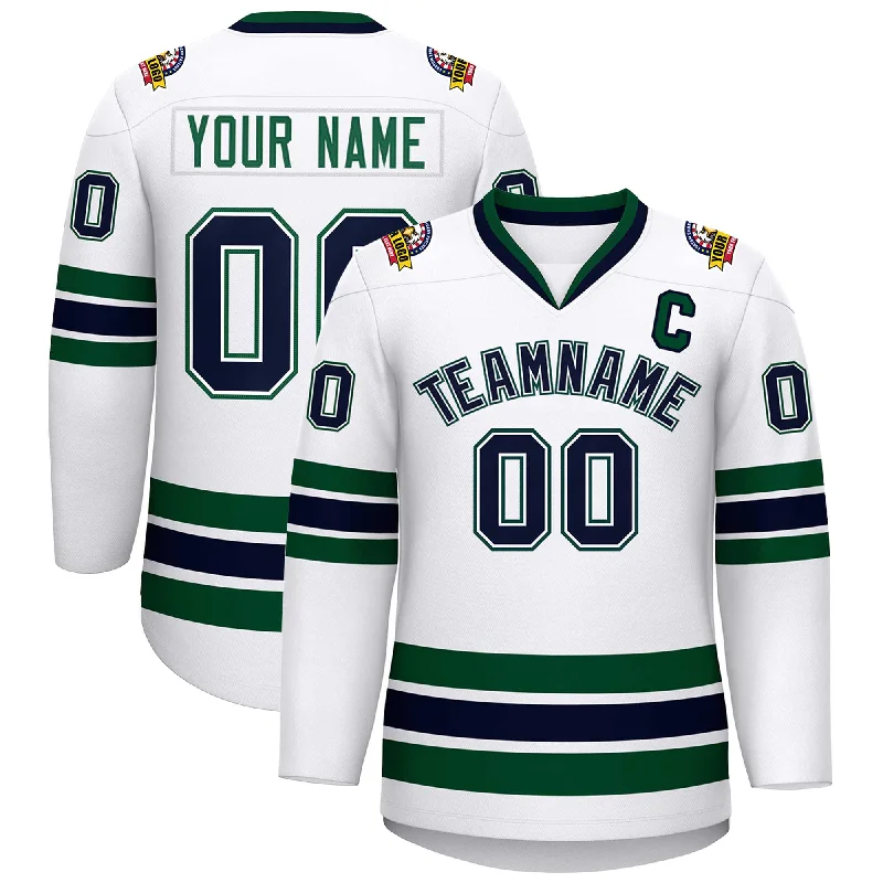 Custom White Navy White-Green Classic Style Hockey Jersey Polished Men's Satin