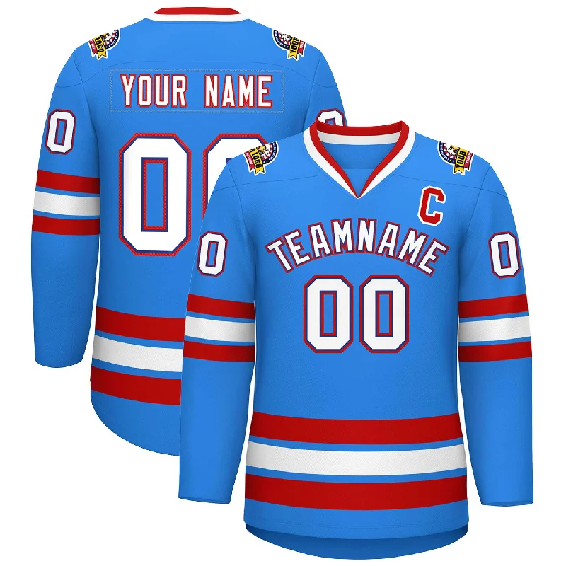 Custom Powder Blue White Royal-Red Classic Style Hockey Jersey Dapper Men's 1920S