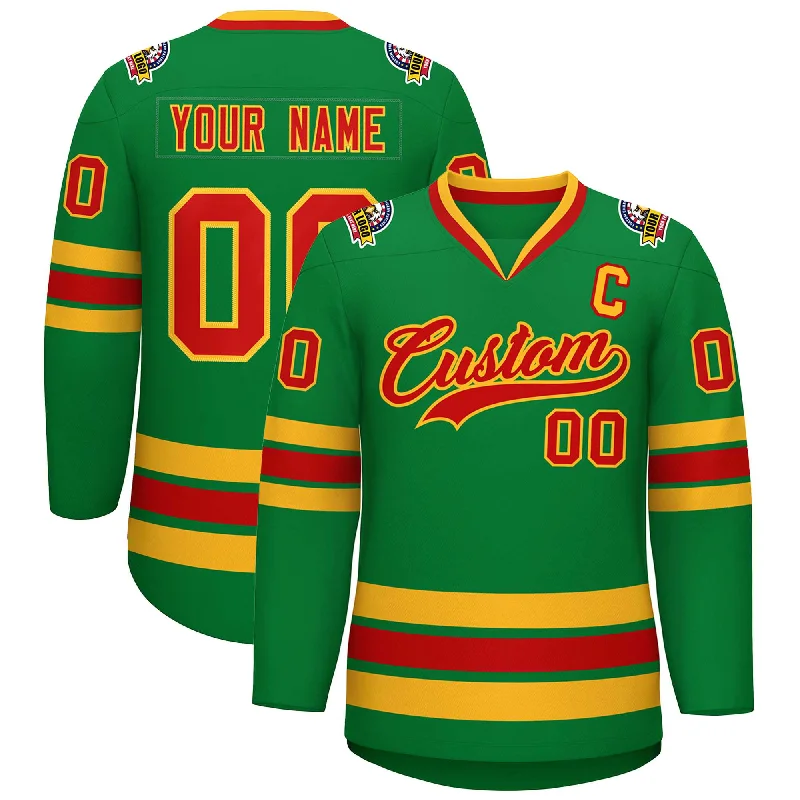 Custom Kelly Green Red-Gold Classic Style Hockey Jersey Laid