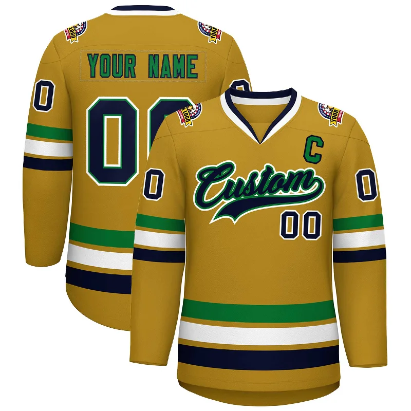 Custom Old Gold Navy Kelly Green-White Classic Style Hockey Jersey Practical Men's Multi