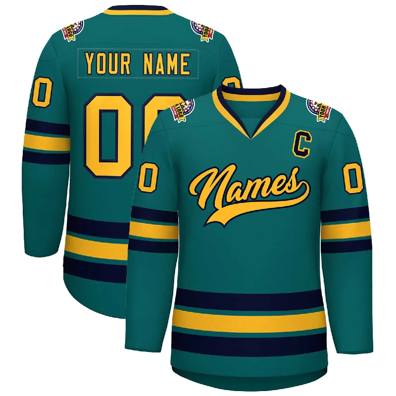 Custom Teal Gold-Navy Classic Style Hockey Jersey Relaxed Men's Beach