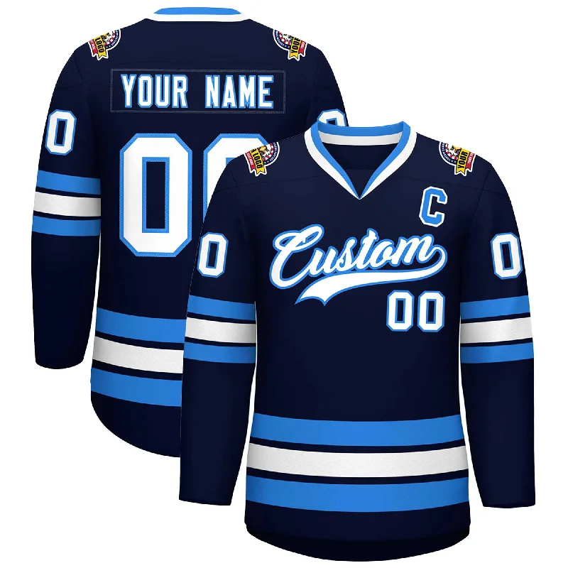 Custom Navy White-Powder Blue Classic Style Hockey Jersey Traditional Men's Wool