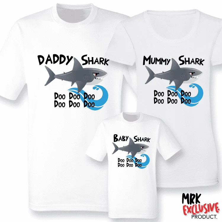 Shark Family Matching T-Shirts - White (MRK X) Unique Men's Patch