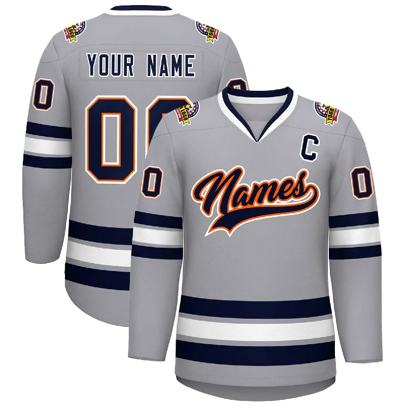 Custom Gray Navy Orange-White Classic Style Hockey Jersey Laid