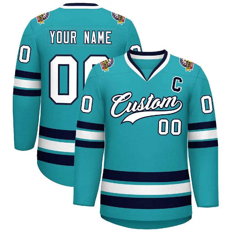 Custom Aqua White-Navy Classic Style Hockey Jersey Sleek Men's Metallic