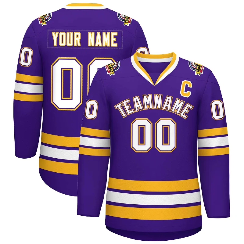 Custom Purple White Purple-Gold Classic Style Hockey Jersey Refined Men's Classic 