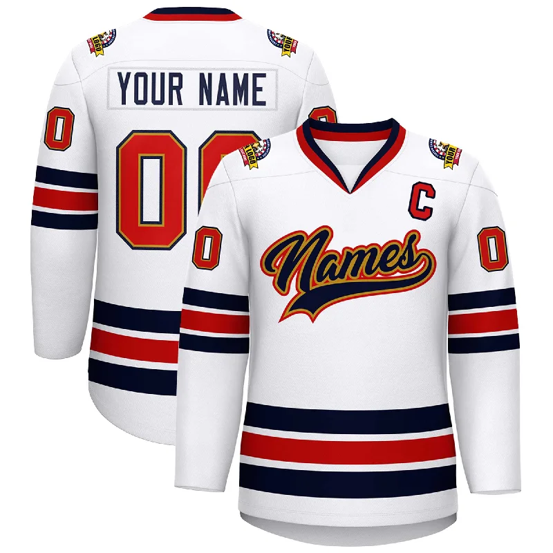 Custom White Navy Old Gold-Red Classic Style Hockey Jersey Youthful Men's Pop